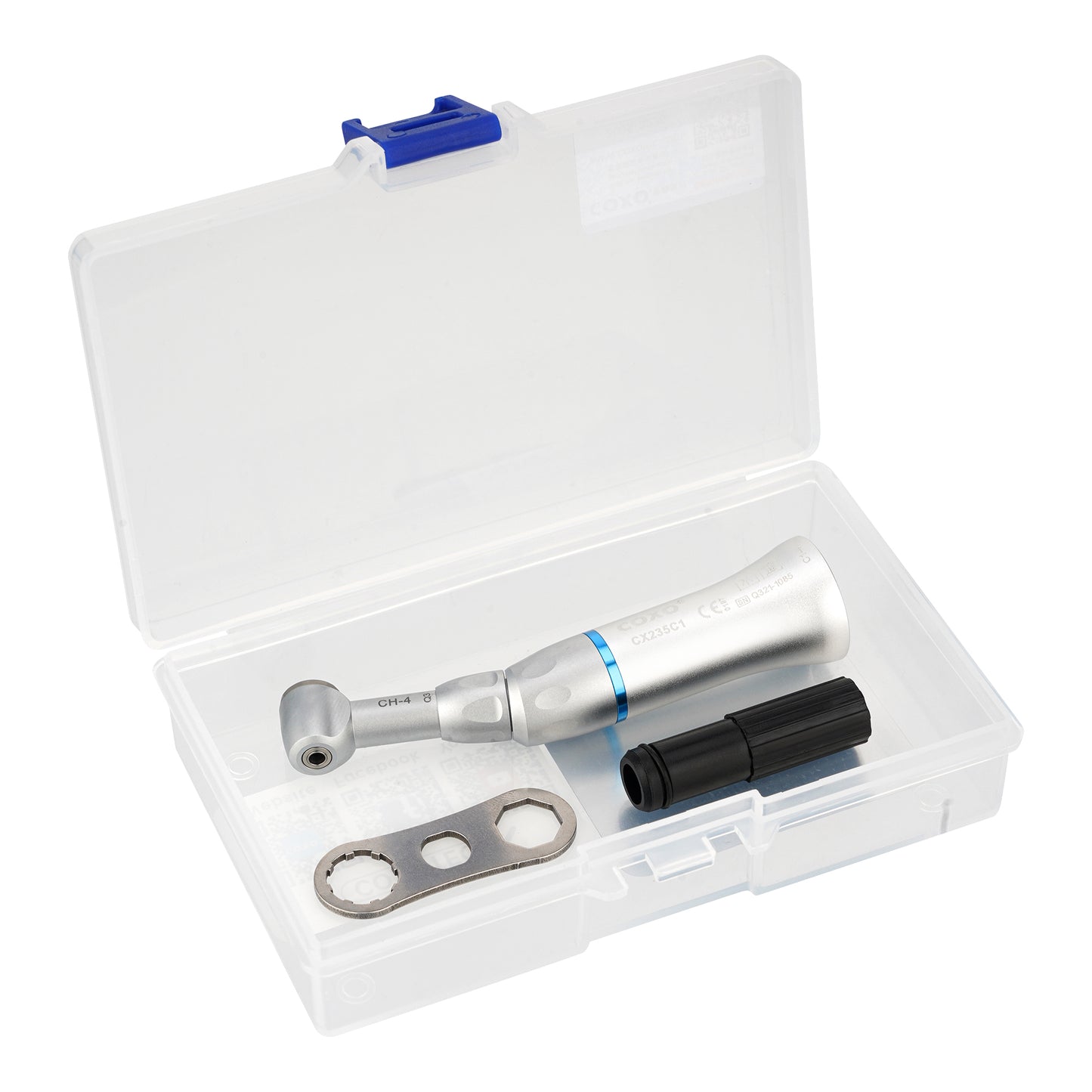Detailansicht des COXO Edelstahl-Winkelstücks 1:1 mit externer Spraykühlung für kompatible KaVo®-Systeme